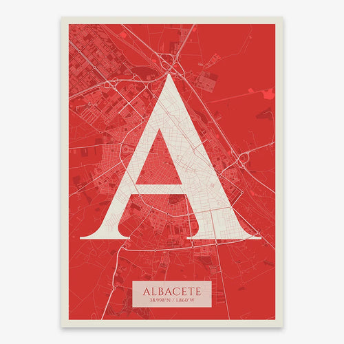 Mapa de Albacete en el diseño la Clásica, inspirado en la tipografía cincelada con una fuente elegante que crea un bonito contraste visual diseñado en rojo y fondo blanco roto