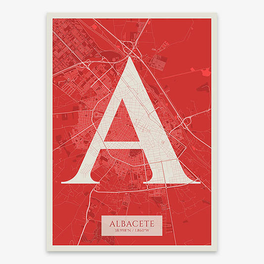 Decorative map of Albacete composed with letters in serif font printed on red and an off-white background