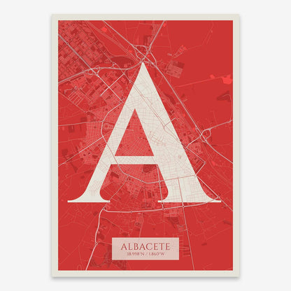 The map of Albacete composed with letters in serif font printed on red and an off-white background
