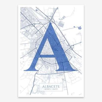 The map of Albacete composed with letters in serif font printed on navy blue and white