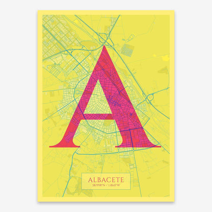 The map of Albacete composed with letters in serif font printed on yellow and fuchsia