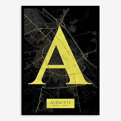 The map of Albacete composed with letters in serif font printed on black and yellow