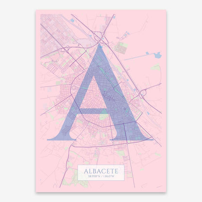 The map of Albacete composed with letters in serif font printed on pink and light blue