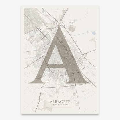 The map of Albacete composed with letters in serif font printed on light brown and an off-white background