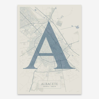 The map of Albacete composed with letters in serif font printed on bluish gray and an off-white background