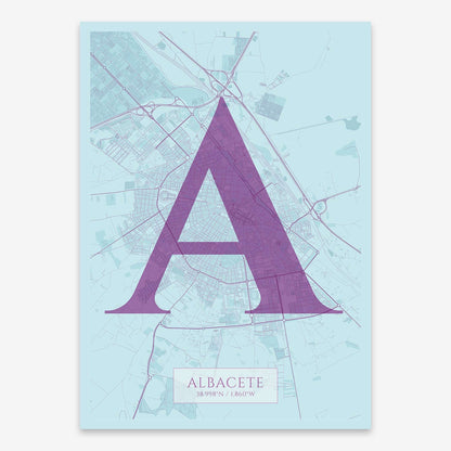 The map of Albacete composed with letters in serif font printed on purple and light blue