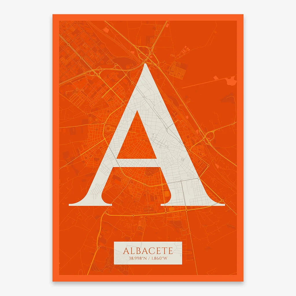 Decorative map of Albacete composed with letters in serif font printed on orange and an off-white background