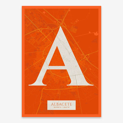 The map of Albacete composed with letters in serif font printed on orange and an off-white background