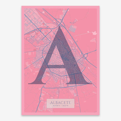The map of Albacete composed with letters in serif font printed on violet y pink background