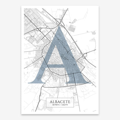 The map of Albacete composed with letters in serif font printed on black and white
