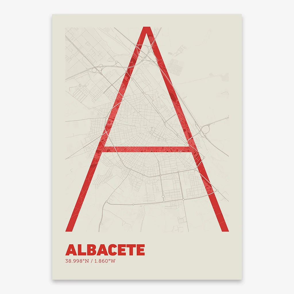 Poster of Albacete composed with letters in extra light font printed on red and an off-white background