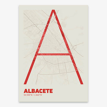 Poster of Albacete composed with letters in extra light font printed on red and an off-white background