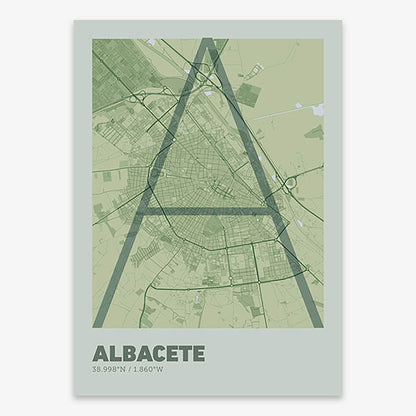 Poster of Albacete composed with letters in extra light font printed on two green tones