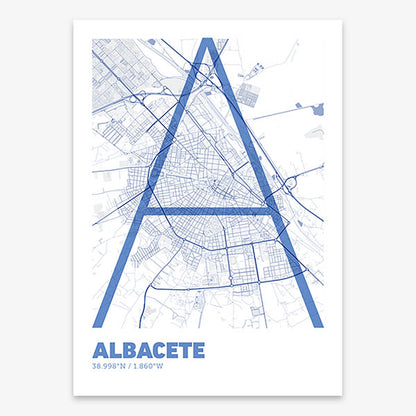 Poster of Albacete composed with letters in extra light font printed on navy blue and white