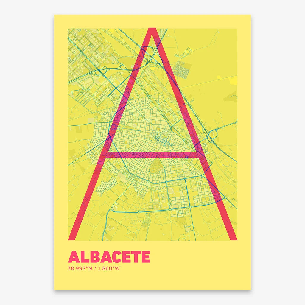 Poster of Albacete composed with letters in extra light font printed on yellow and fuchsia