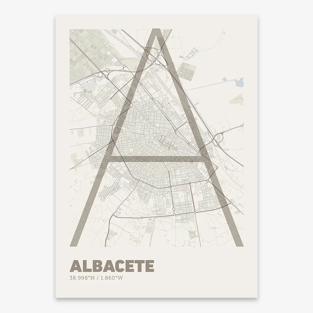 Poster of Albacete composed with letters in extra light font printed on light brown and an off-white background