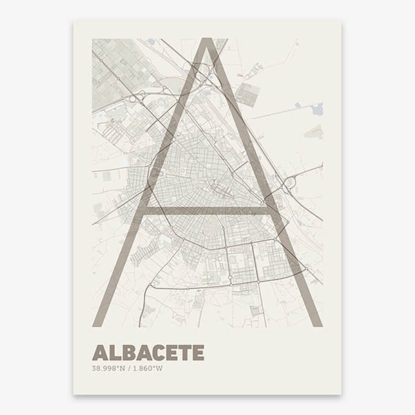 Poster of Albacete composed with letters in extra light font printed on light brown and an off-white background