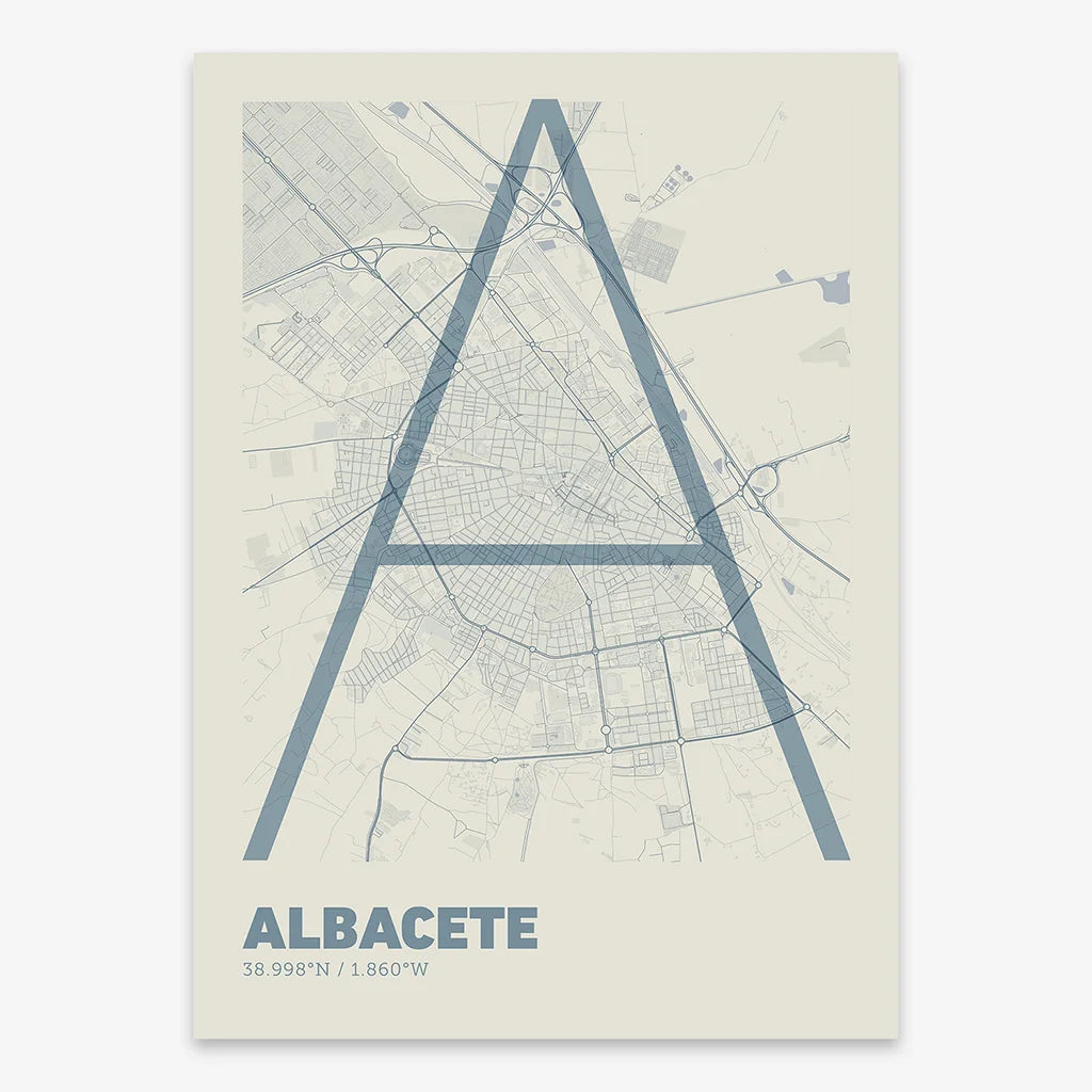 Poster of Albacete composed with letters in extra light font printed on bluish gray and an off-white background