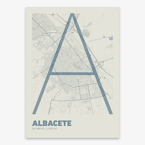 Poster of Albacete composed with letters in extra light font printed on bluish gray and an off-white background