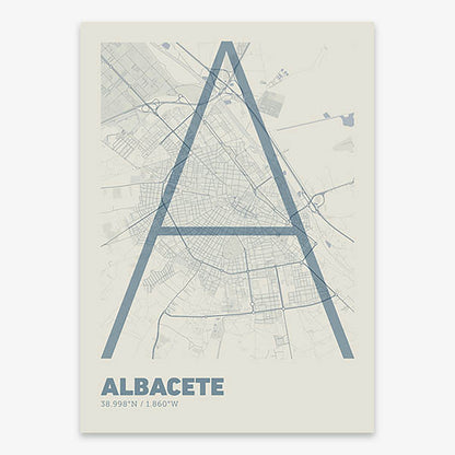 Poster of Albacete composed with letters in extra light font printed on bluish gray and an off-white background