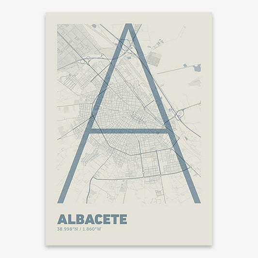 Poster of Albacete composed with letters in extra light font printed on bluish gray and an off-white background