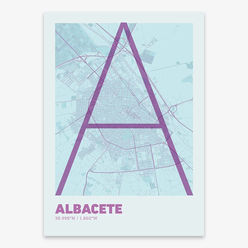 Poster of Albacete composed with letters in extra light font printed on purple and light blue