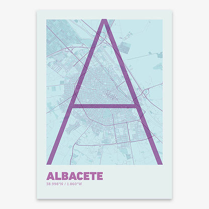 Poster of Albacete composed with letters in extra light font printed on purple and light blue