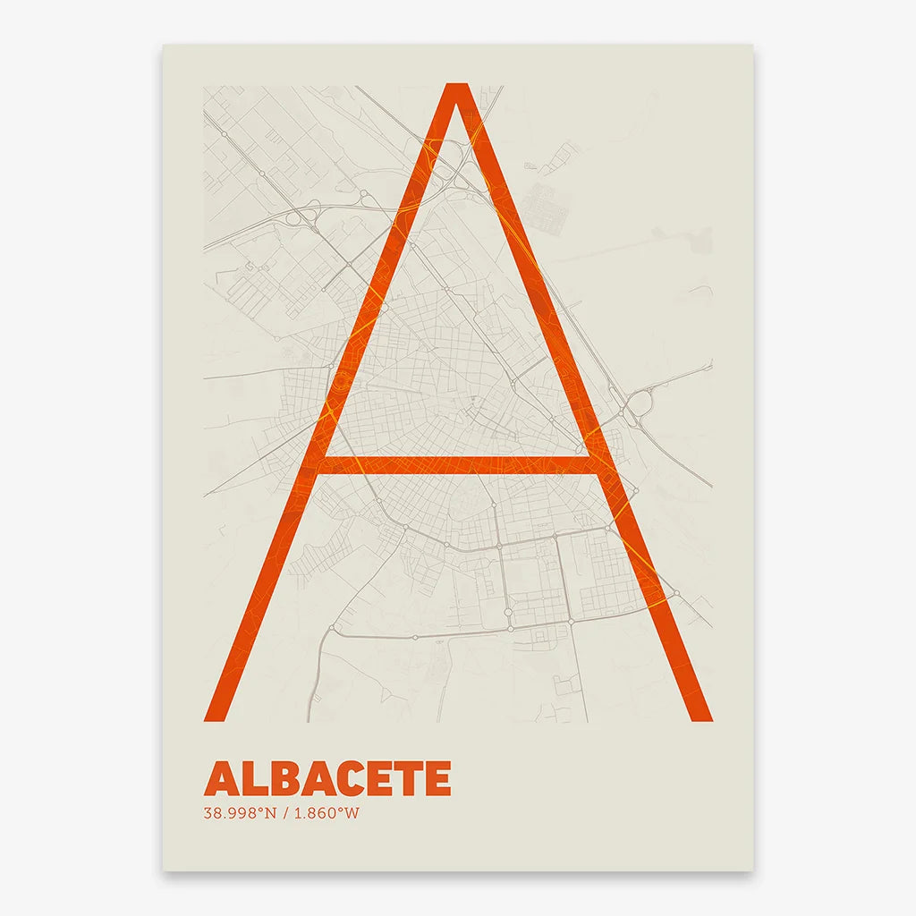 Poster of Albacete composed with letters in extra light font printed on orange and an off-white background
