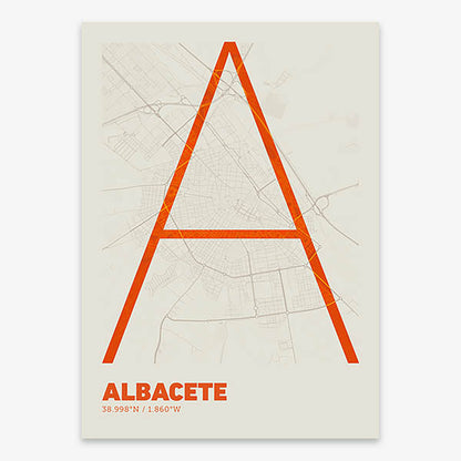 Poster of Albacete composed with letters in extra light font printed on orange and an off-white background