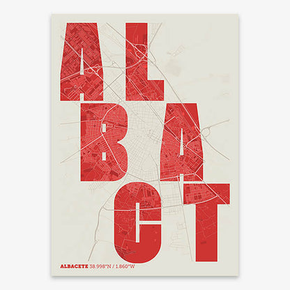 Decorative print of Albacete with letters of its name placed randomly, designed in red and an off-white background