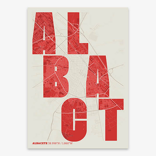 Decorative print of Albacete with letters of its name placed randomly, designed in red and an off-white background