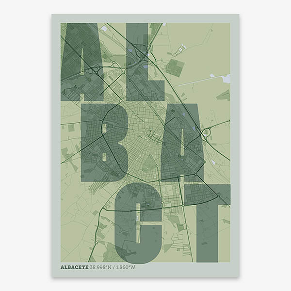 Decorative print of Albacete with letters of its name placed randomly, designed in two green tones