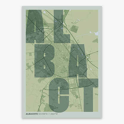 Decorative print of Albacete with letters of its name placed randomly, designed in two green tones