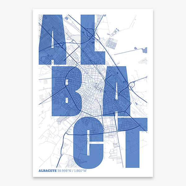 Decorative print of Albacete with letters of its name placed randomly, designed in navy blue and white