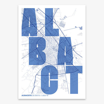 Decorative print of Albacete with letters of its name placed randomly, designed in navy blue and white