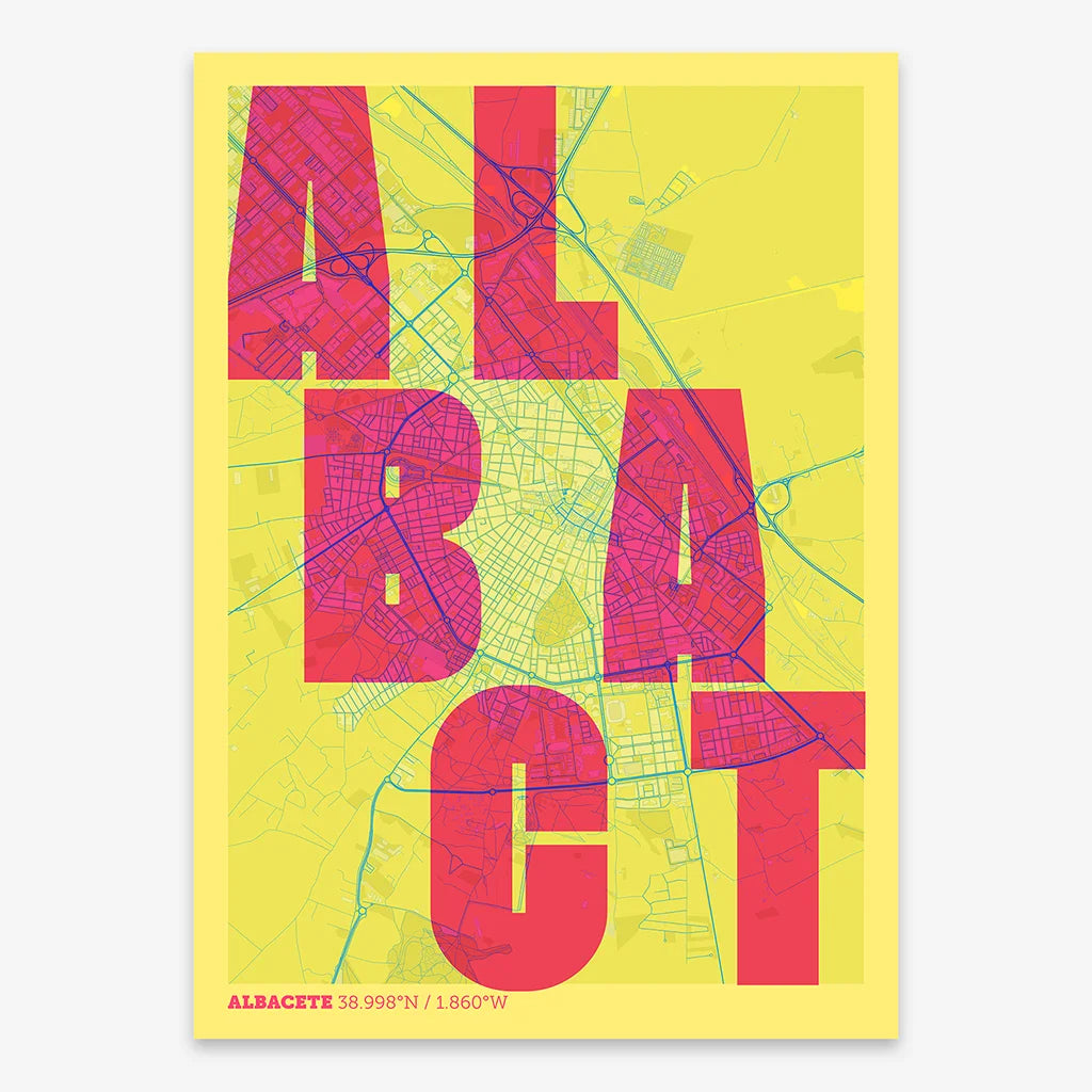 Decorative print of Albacete with letters of its name placed randomly, designed in yellow and fuchsia
