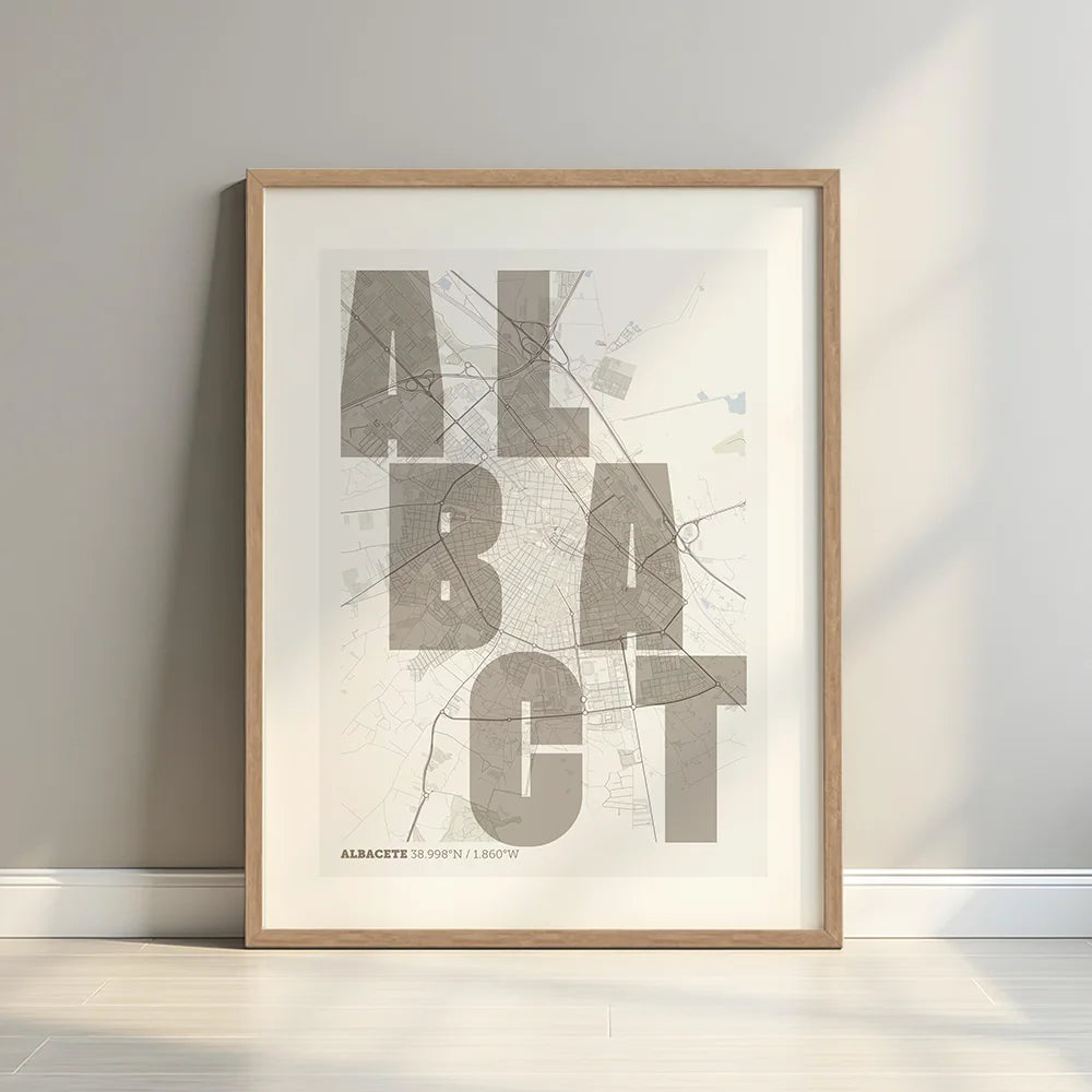Lámina creativa de Albacete – Diseño gráfico y tipografía sobre mapa