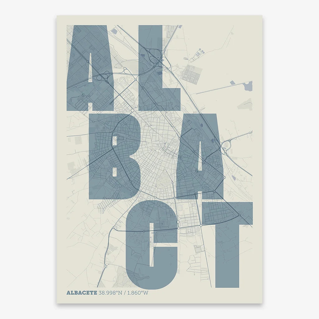 Decorative print of Albacete with letters of its name placed randomly, designed in bluish gray and an off-white background