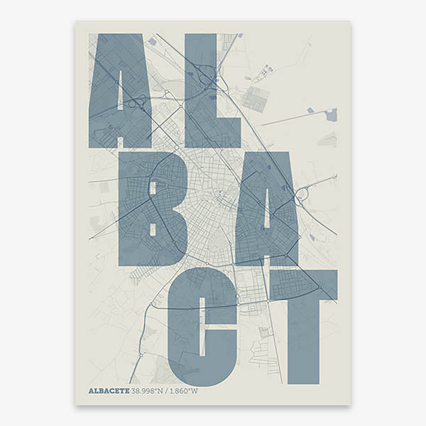 Decorative print of Albacete with letters of its name placed randomly, designed in bluish gray and an off-white background