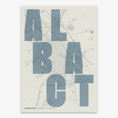 Decorative print of Albacete with letters of its name placed randomly, designed in bluish gray and an off-white background