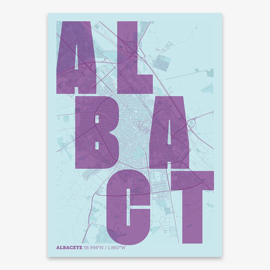 Decorative print of Albacete with letters of its name placed randomly, designed in purple and light blue