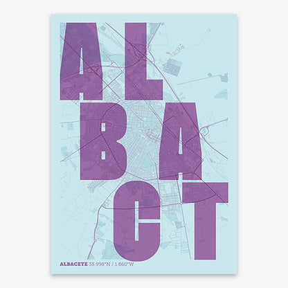 Decorative print of Albacete with letters of its name placed randomly, designed in purple and light blue