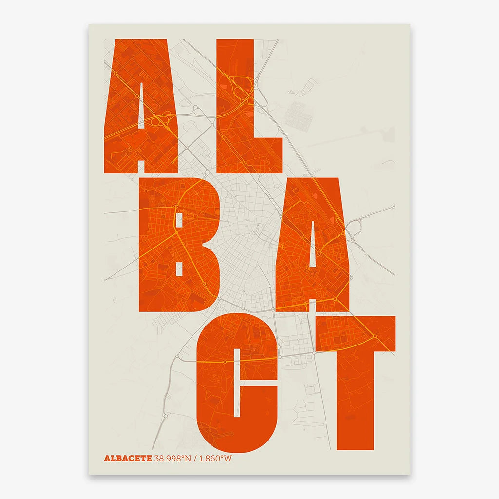 Decorative print of Albacete with letters of its name placed randomly, designed in orange and an off-white background