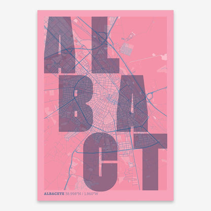 The map of Albacete with letters of its name placed randomly, designed in violet y pink background