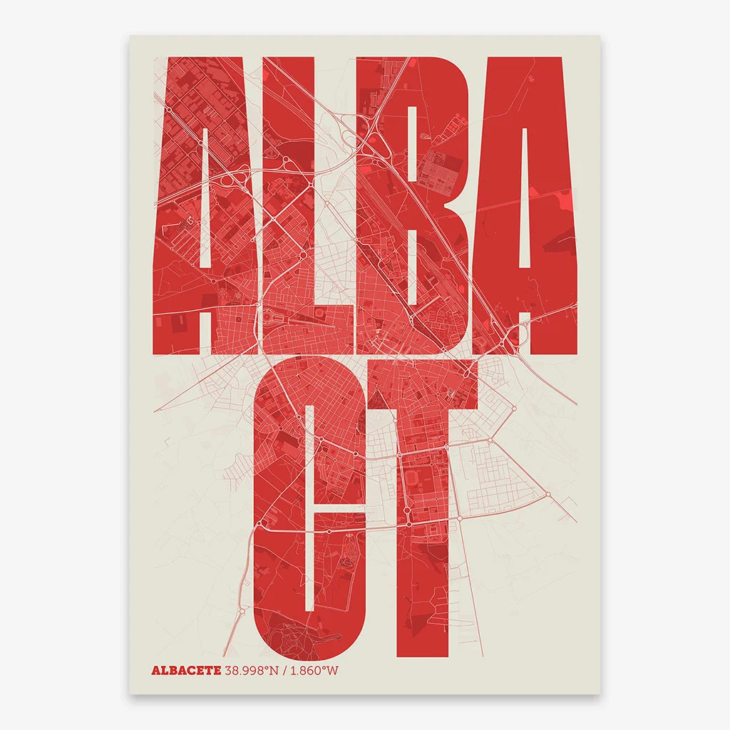 Decorative map of Albacete and letters of its name in a giclée print designed in red and an off-white background