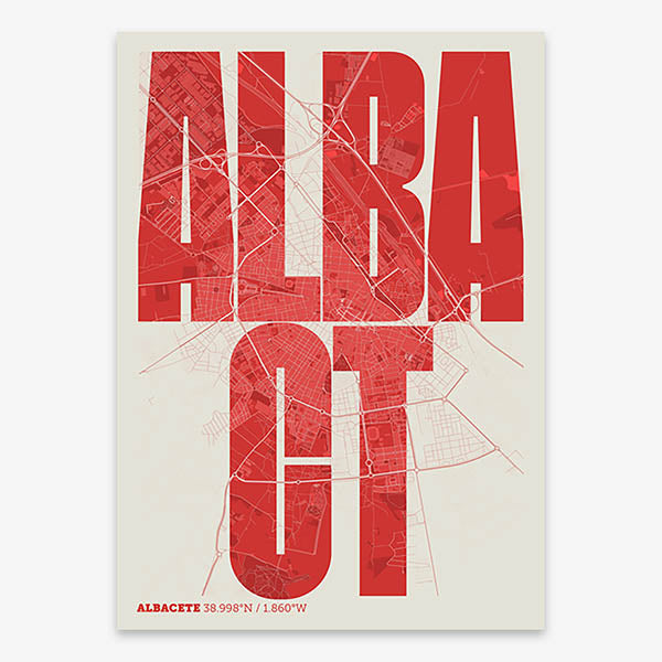 Decorative map of Albacete and letters of its name in a giclée print designed in red and an off-white background
