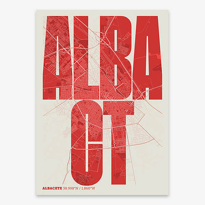 Decorative map of Albacete and letters of its name in a giclée print designed in red and an off-white background