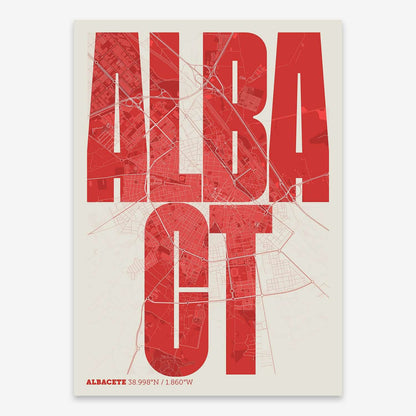 The map of Albacete and letters of its name in a giclée print designed in red and an off-white background
