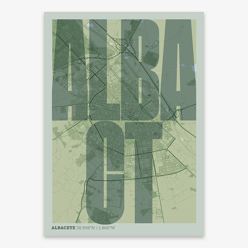 Mapa de Albacete en el diseño la Extra Comprimida, donde las letras se ajustan al ancho del mapa de la ciudad diseñado en dos tonos de verde