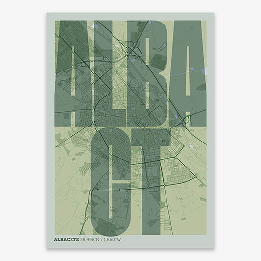 Decorative map of Albacete and letters of its name in a giclée print designed in two green tones